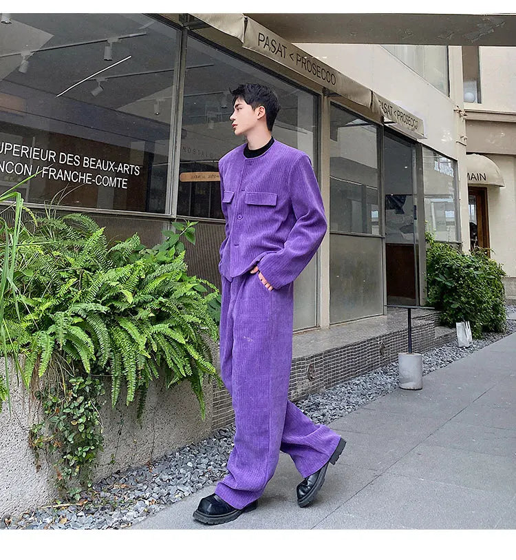 men 2 pieces sets corduroy short jacket wide leg pant suits korean streetwear fashion loose casual retro coat baggy trousers unique shorts style 2805
