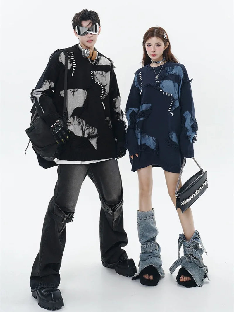 mens knitted sweater fashion tassel irregular block pullovers casual o neck unisex harajuku y2k streetwear loose knit jumpers - unisex casual winter pullover, anime inspired graphic hoodie, high quality cotton hoodie