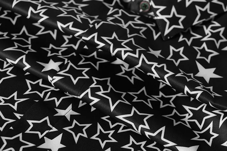 New 2022 Men 3D luxurious Classic Black White Star Print Fashion Silk Casual Shirts Shirt high Pocket Long-sleeves S 2XL #D276