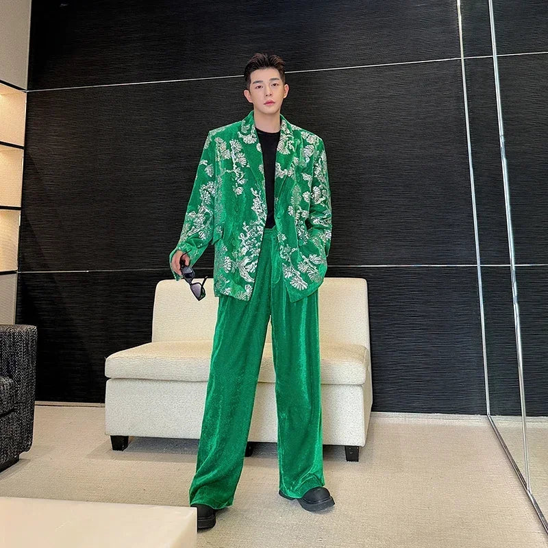 men sequin embroidery velvet loose casual 2 pieces suits blazers jacket pant sets stage party dress suits performance costumes clean everyday pants