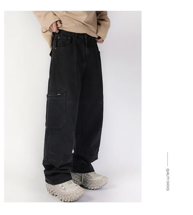 men american streetwear fashion loose casual hip hop wide leg black denim baggy jeans pants man y2k cargo jeans trousers unique cargo style 2344