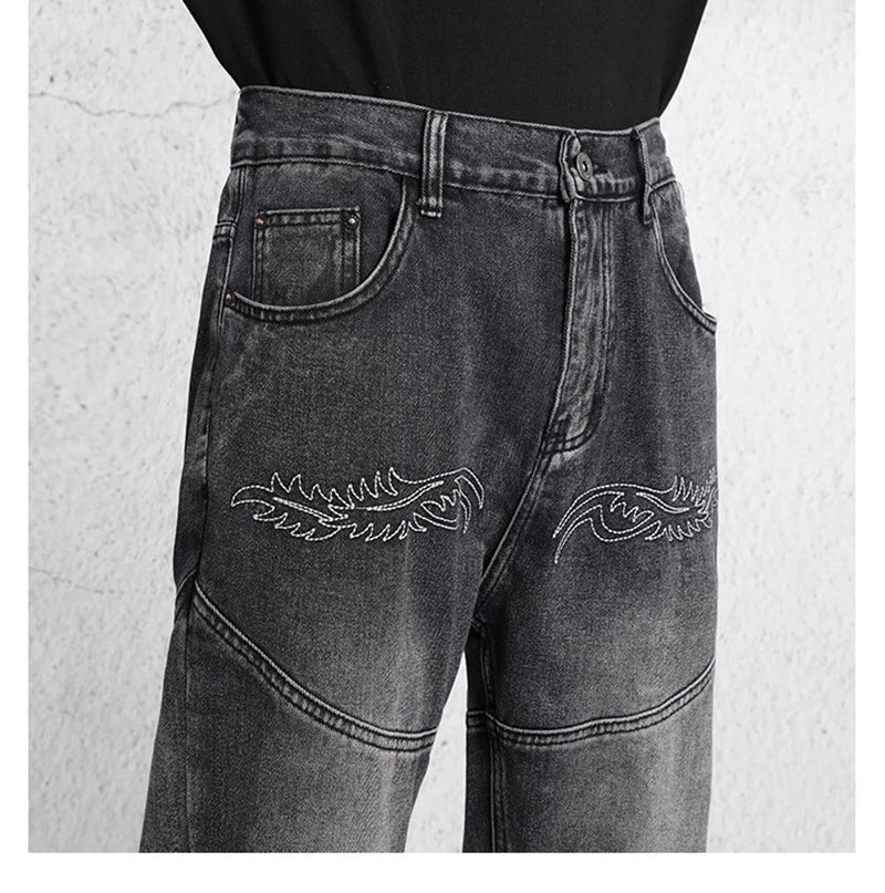 2023 dark streetwear totem embroidery vintage baggy men jeans pants feet zipper straight hip hop punk denim trousers ropa hombre unique jeans style 1772