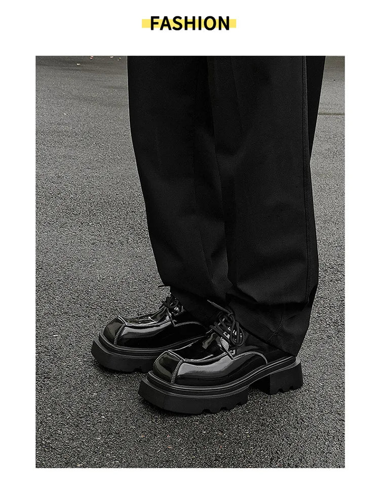 Men Streetwear Dark Black Fashion Thick Sole Platform PU Leather Casual Luxury High Street Increase Square Derby Shoes Man