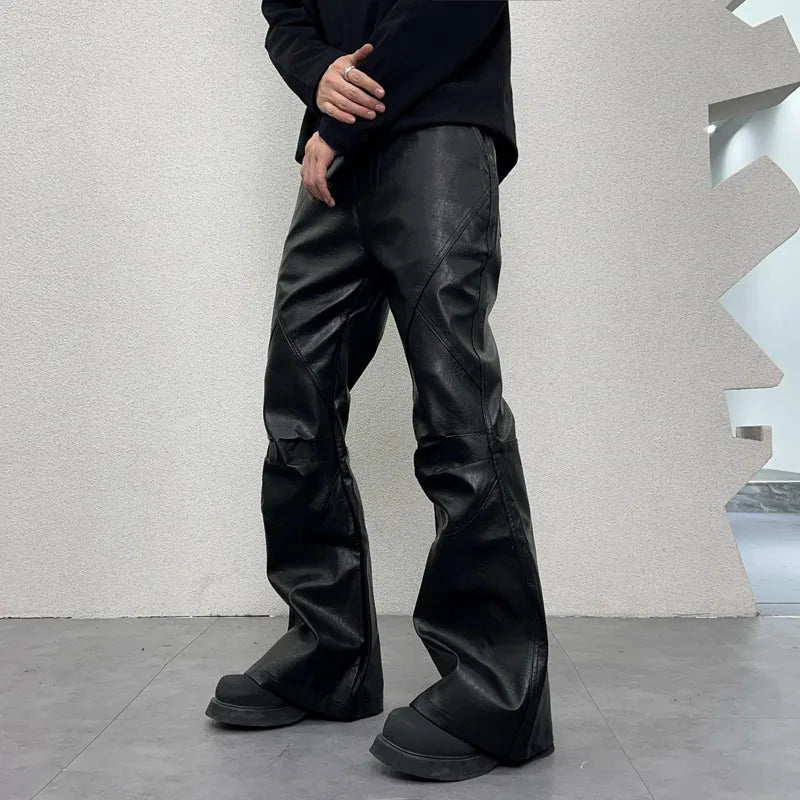 men streetwear fashion hip hop punk gothic vibe casual leather bell bottoms pant man boyfriend flared trousers unique default style 3006