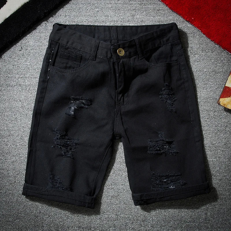 men white denim shorts new summer men holes casual shorts jeans men cotton solid slim fit shorts pants knee length pants unique jeans style 1239