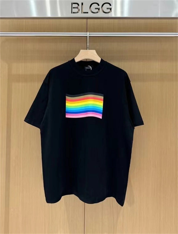 gothic vintage t-shirt featuring 24ss balcg style rainbow flag logo printed reverse sewn pure cotton oversized loose short sleeved t shirt tops for summer