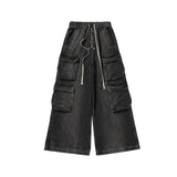 ro style ribbons wide leg multi pockets smoke grey baggy jeans for men straight pantalones hombre drawstring denim trousers unique jeans style 1205