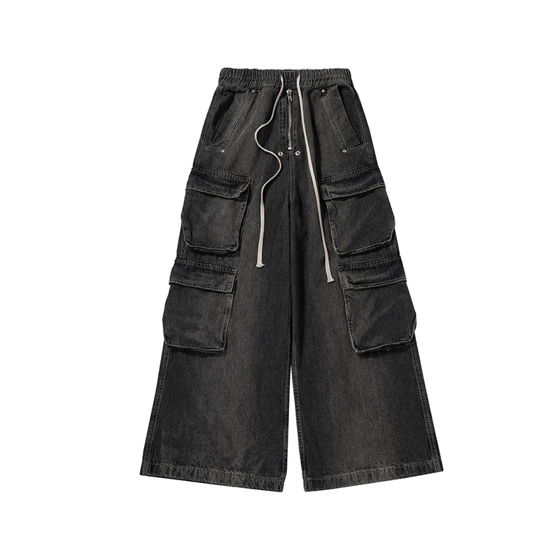 ro style ribbons wide leg multi pockets smoke grey baggy jeans for men straight pantalones hombre drawstring denim trousers unique jeans style 1205
