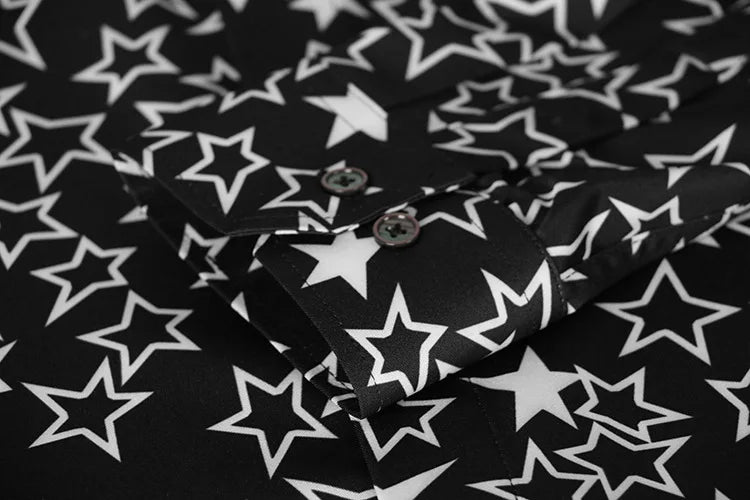 New 2022 Men 3D luxurious Classic Black White Star Print Fashion Silk Casual Shirts Shirt high Pocket Long-sleeves S 2XL #D276
