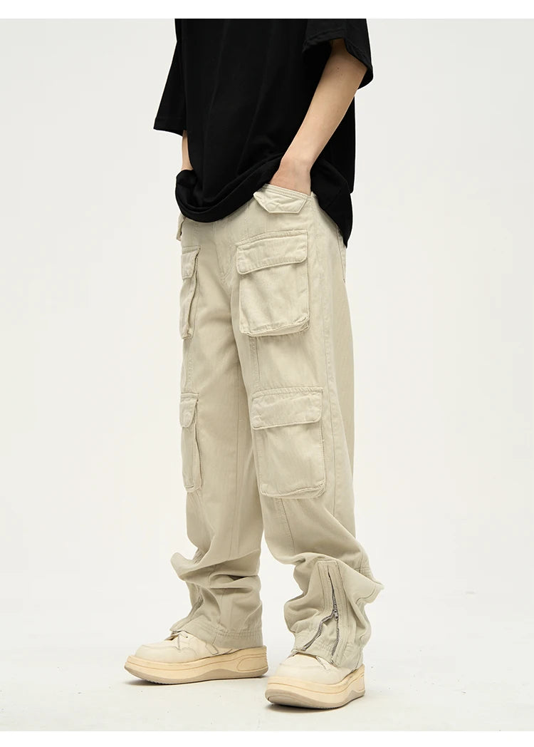mens loose streetwear cargo straight pants high street casual bottom zipper multi pocket trousers hip hop safari style joggers unique joggers style 3311