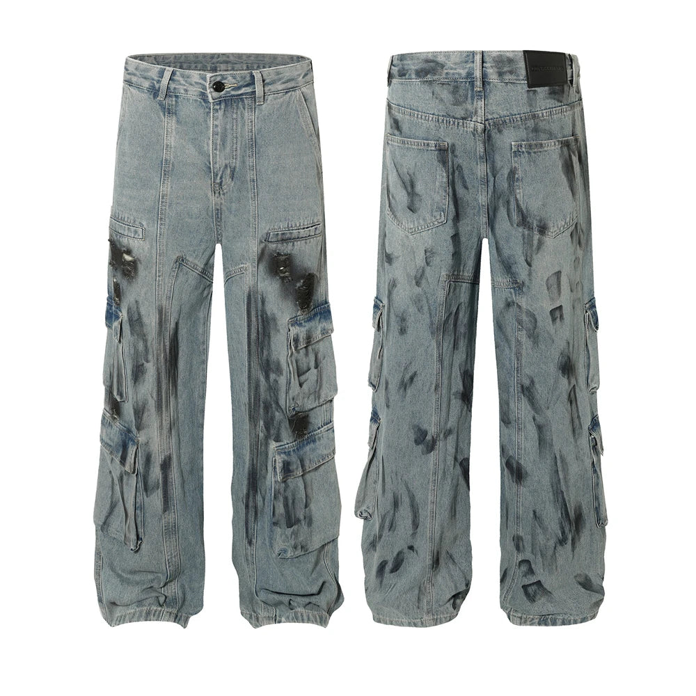vintage multi pocket jeans mens harajuku cargo denim pants retro hip hop straight loose jean pants men clothing unique cargo style 1280