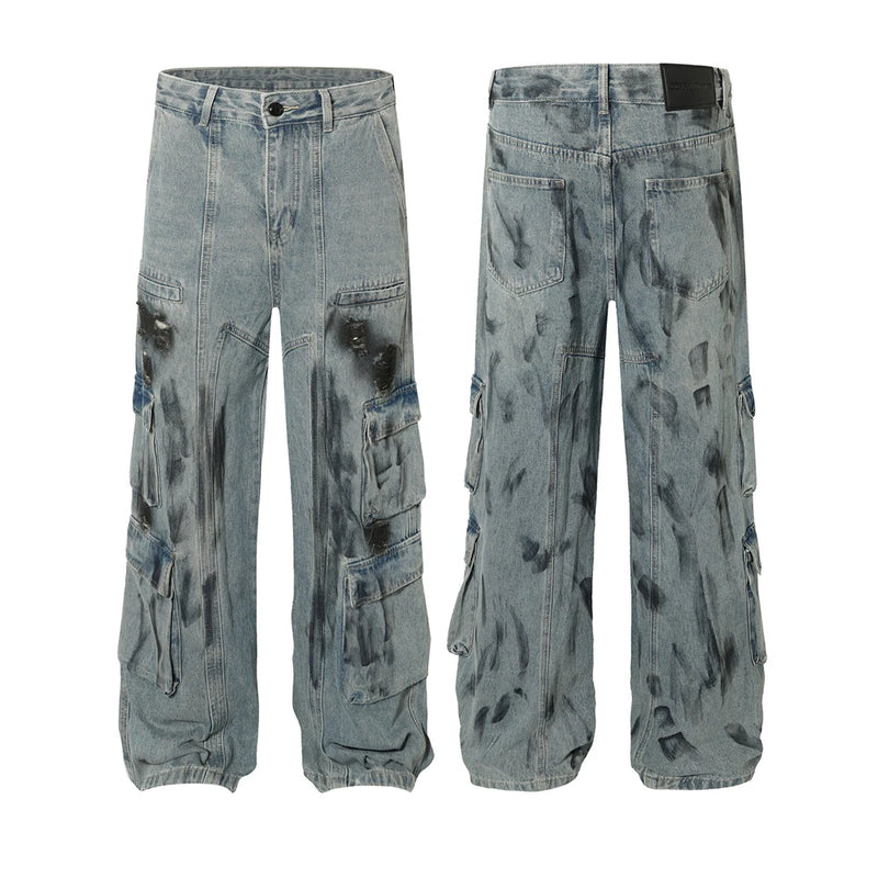 vintage multi pocket jeans mens harajuku cargo denim pants retro hip hop straight loose jean pants men clothing unique cargo style 1280