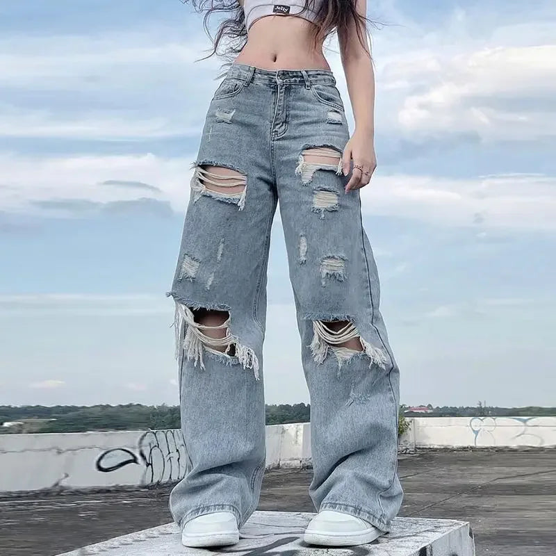streetwear straight pants ladies ripped jeans mid waist loose wide leg pants ladies jeans y2k summer high street cargo pants combat utility trousers