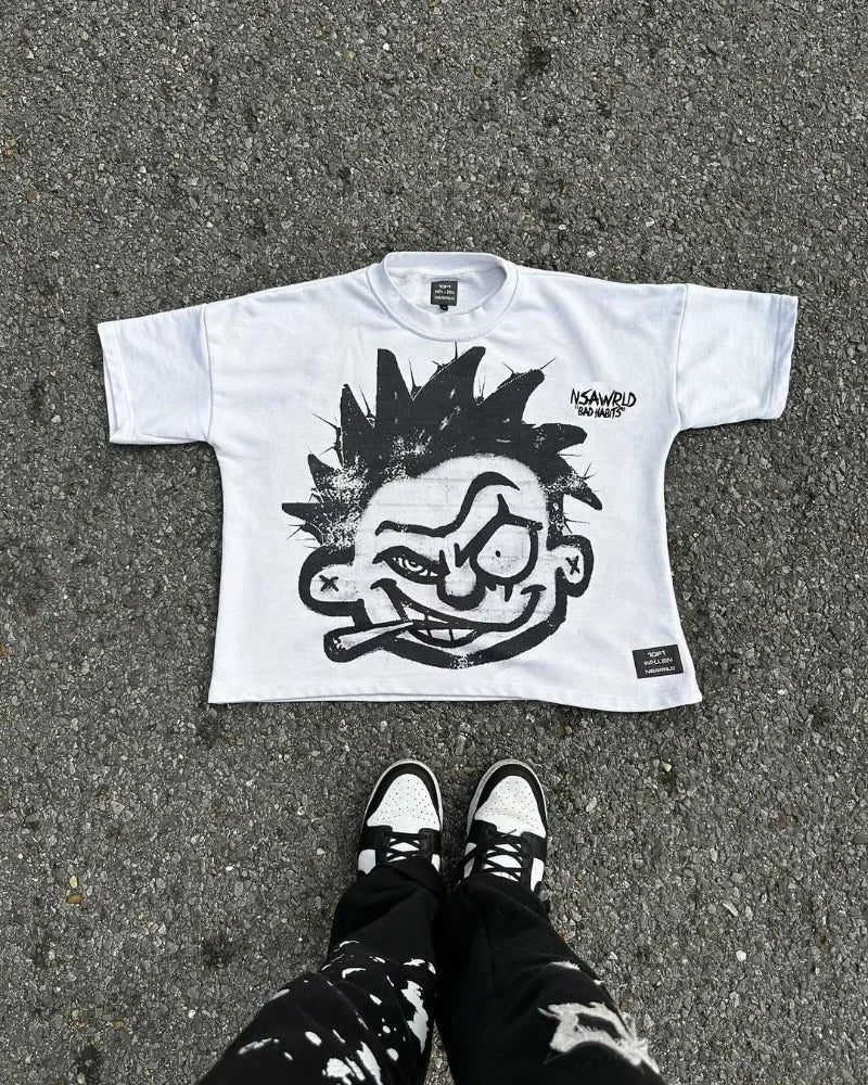 American High Street Fashion Cartoon Portrait Printed Oversized T-shirt Women Y2k Goth Harajuku Casual Versatile Short-sleeved