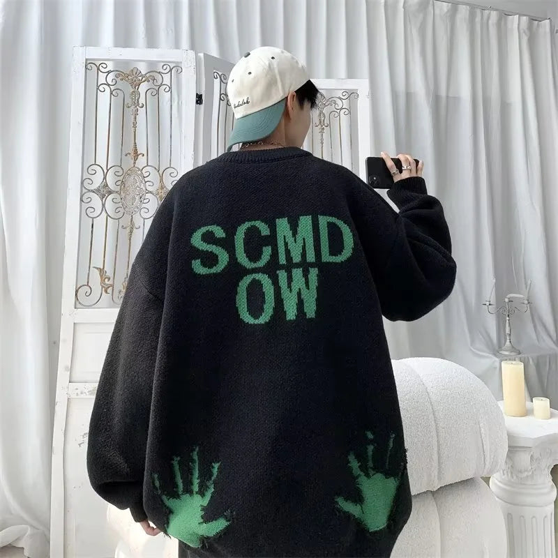 bold fire sweater, layered fit piece, aesthetic soft knit grunge sweater for cozy streetwear