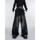 y2k retro washed splicing jeans for men new hip hop punk pu leather baggy jeans straight casual black denim trousers streetwear unique jeans style 677
