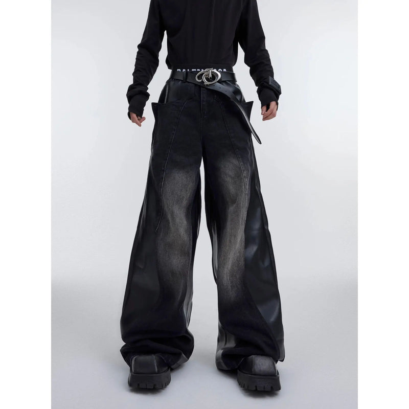 y2k retro washed splicing jeans for men new hip hop punk pu leather baggy jeans straight casual black denim trousers streetwear unique jeans style 677