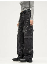punk belt denim jeans pants women harajuku streetwear side pocket cotton men unisex casual baggy joggers straight pants trousers unique joggers style 4370
