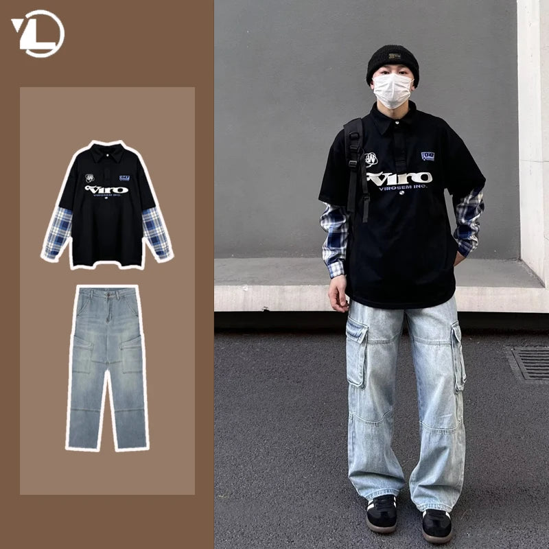 street japanese mens set embroidered fake two piece patchwork tops hip hop washed jeans 2 piece harajuku suits y2k streetwear unique jeans style 4768