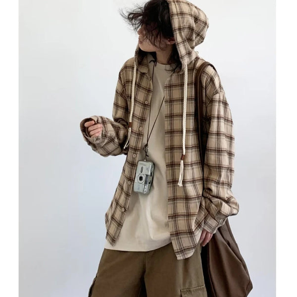 autumn vintage plaid shirt set mens japanese color blocked hooded jacket breathable straight leg cargo pants suits college 2 pcs combat utility trousers