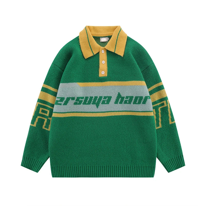 men knitted sweater jumper casual polo neck letter casual long sleeve streetwear hip hop autumn winter pullover knitwear sweater - vintage look oversized hoodie, Y2K grunge street style, gothic aesthetic hoodie for winter