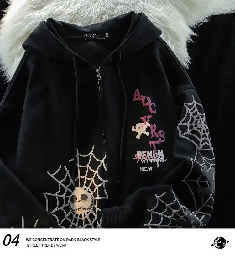 American Spider Retro Ins Printed Cardigan Hooded Sweatshirt Plus Velvet Thickened Men and Women Y2K Trendy Brand Couple Jacket