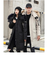 Korean Style Winter Long Parka Coat Men Woman Down Jacket Clothing Hooded Fur Collar Thicken Warm Leisure Lovers Overcoat