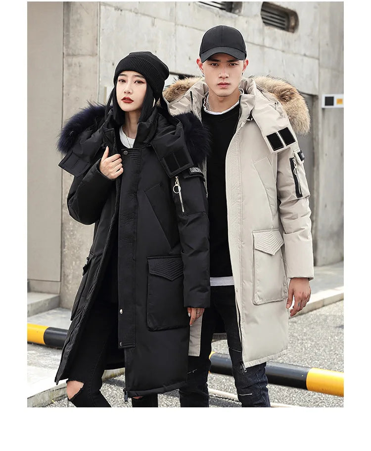 Korean Style Winter Long Parka Coat Men Woman Down Jacket Clothing Hooded Fur Collar Thicken Warm Leisure Lovers Overcoat