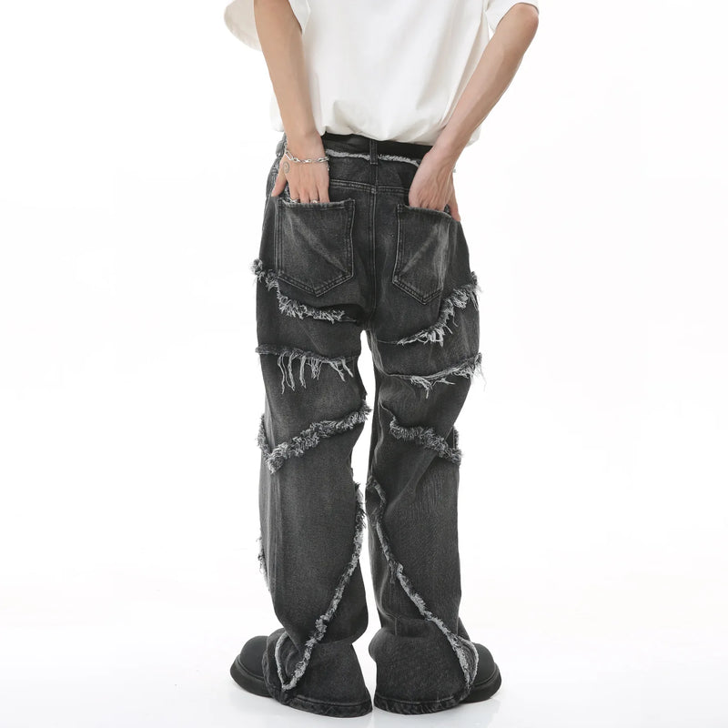 2023 european and american mens jeans new products personality trend hip hop fringed loose wide leg denim trousers unique jeans style 705