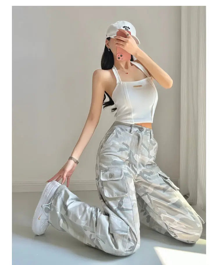 camouflage grey cargo pants women american vintage streetwear straight loose summer hiphop hot pants ins cargo pants womens 2023 unique cargo style 1169