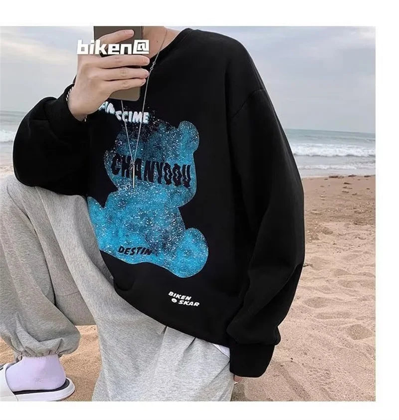 Graphic Blue Bear Kawaii Print Pullovers Hoodies For Men Autumn Fleece