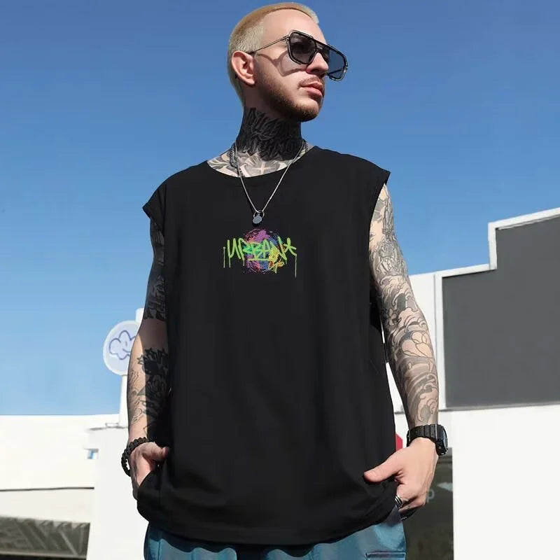 Sadcore Tribal flames – Summer Sleeveless T Shirt Mens American High Street Graffiti
