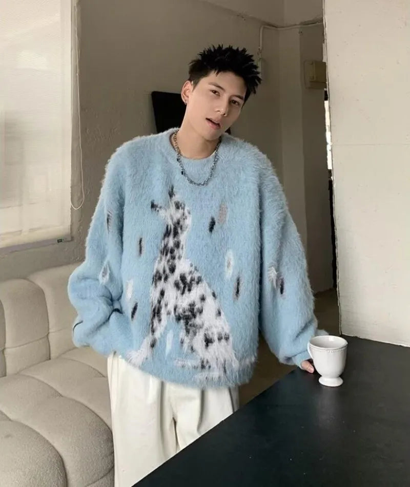 oversized knit pullover, fall/winter fashion, soft knit pullover with flame design, y2k fashion statement