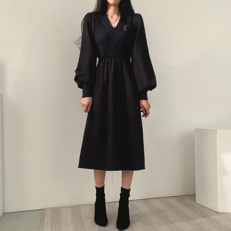 Winter Dress Long Elegant Splicing Stripes Y2k Knitted Dress Women Koean Fashion Long Sleeve Dresses Female Club Party Vestidos