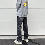 high street black washed straight jeans lowrise hip hop ripped jeans pants for men baggy vintage fashion wide denim pants women unique jeans style 5359