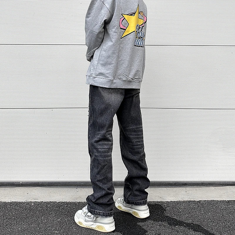 high street black washed straight jeans lowrise hip hop ripped jeans pants for men baggy vintage fashion wide denim pants women unique jeans style 5359