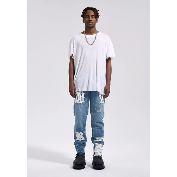 Frog drift Fashion Streetwear High Street REMAKE y2k Straight Stickers Blue Denim Jeans Trousers for men homme