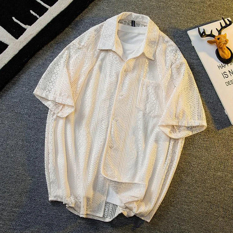 Mens Hollow Lace Elegant Short Sleeve Lazy Style Casual Breathable Personality Hollow Design Thin Shirt Unisex 2024 Summer New