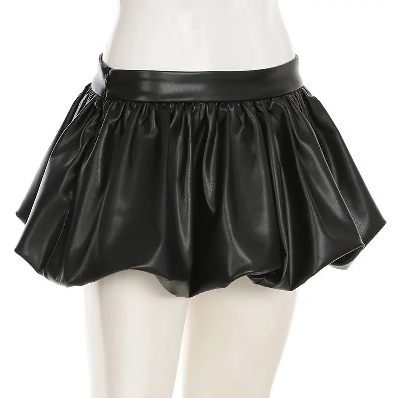 IAMHOTTY European and American Puff Flower Bud Leather Skirt Fashion Solid Color Versatile Leather Short Skirt  y2k skirt