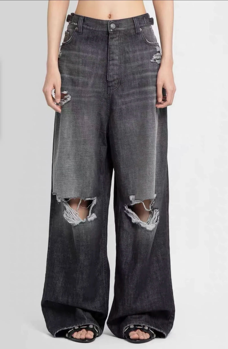 baggy ripped jeans damaged heavy industry washed jeans mens vintage vibe loose casual straight worn pants denim trousers unique jeans style 634
