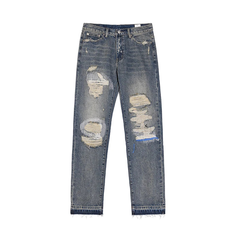 hole ripped retro straight spliced mens jeans streetwear washed pcoekts distressed denim trousers loose hip hop jean pants vintage washed jeans