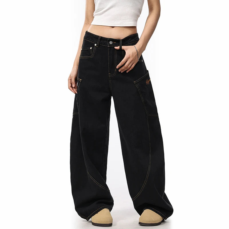 men women streetwear fashion vintage loose casual wide leg denim cargo baggy jeans pants cityboy harem trousers utility cargo pants