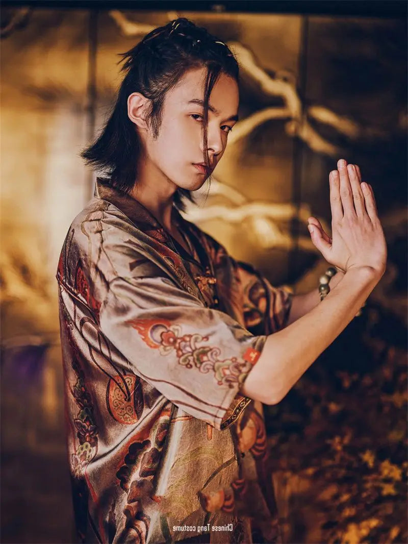 Dunhuang Feitian new Chinese style national trend printed casual short-sleeved shirt 2024 young men and women trendy retro tops