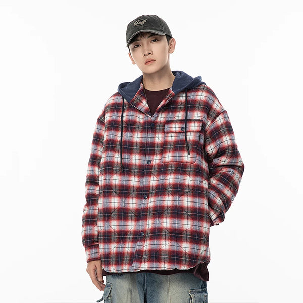 Winter Quilted Thick Plaid Hooded Jacket Men Wmen Streetwear Fashion Oversize Loose Casual Hoody Jacket Padded-cotton Parka Coat