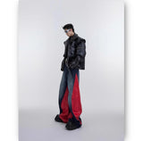 y2k retro washed splicing jeans for men new hip hop punk pu leather baggy jeans straight casual black denim trousers streetwear unique jeans style 673