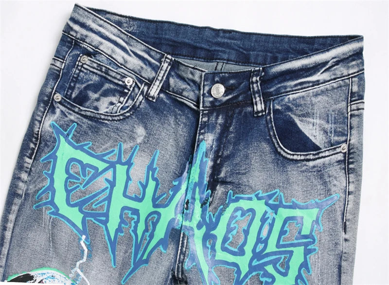 fashion skull graffiti jeans lightning printed denim pants mens distressed biker jeans streetwear slim hip hop pants joggers unique joggers style 345