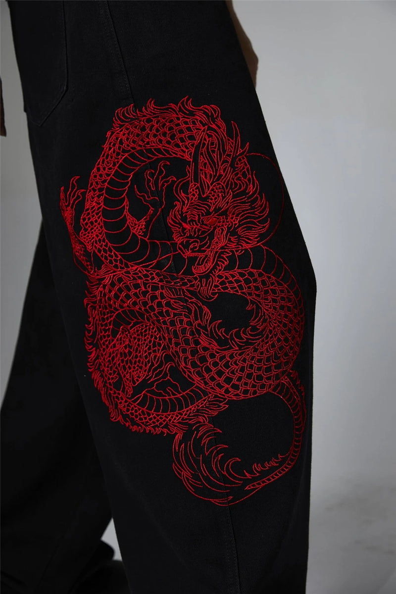 mens black baggy jeans dragon embroidered straight jeans streetwear hip hop loose trousers male luxury designer denim pants 1 unique jeans style 1801