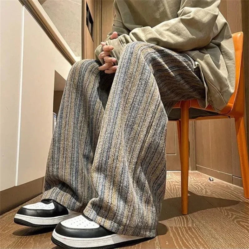 autumn striped woolen straight leg pants for men classic y2k vintage baggy trousers new casual high street fashion sweatpants urban active pants