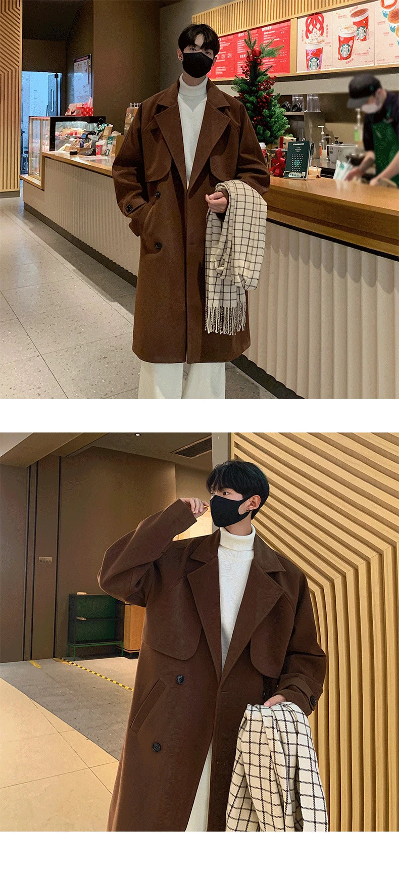Men's Autumn Winter Mid Length Woolen Coat New Korean Tide Black Thickned Overcoat Long Sleeve Double-breasted Jackets