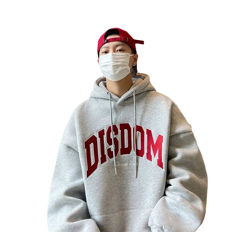 Gray Korean Style Hooded Sweatshirt Men Autumn Winter New American Trendy Brand Letter Printed Pullover Thickened Y2K Loose Top